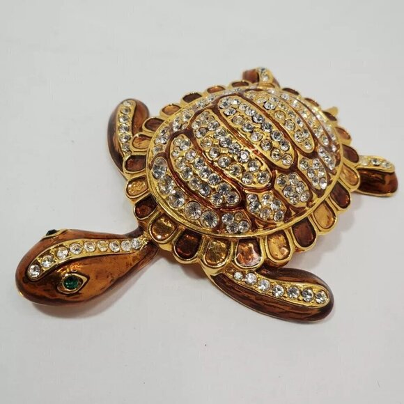 Vintage Large Sea Turtle Pin Gold tone Enamel Rhinestones Brooch - Picture 1 of 12